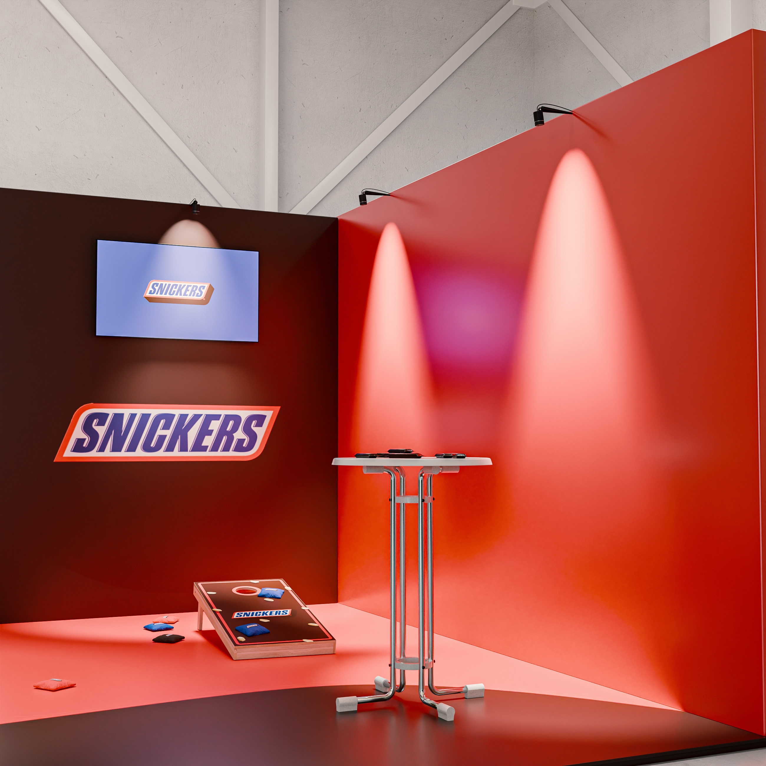 Gebrandmerkte cornhole borden die aandacht trekken bij een beursstand